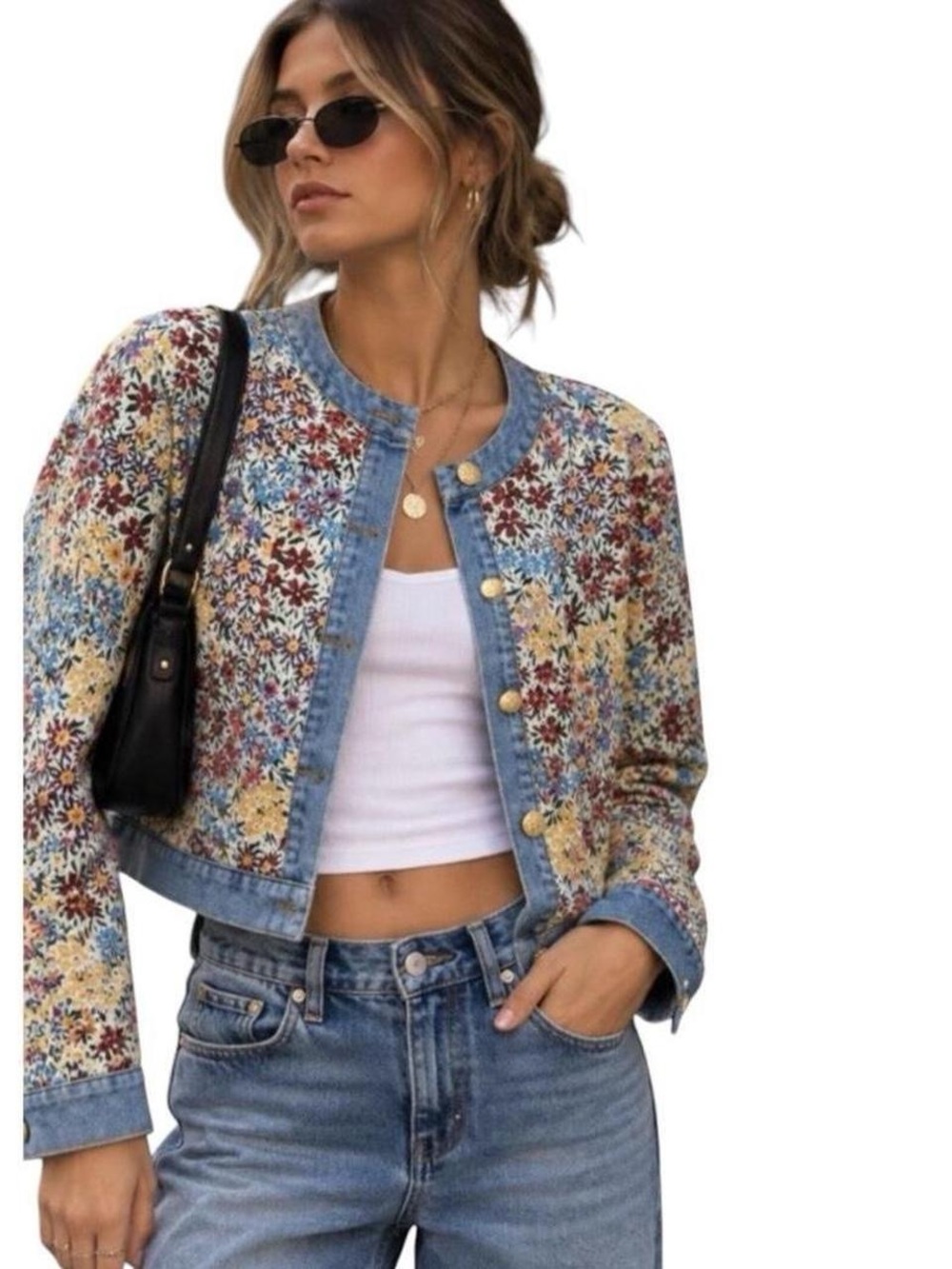 🌸VICI Women’s Painted Petal Floral Denim Fall Jacket W/ Gold Accent Buttons | M